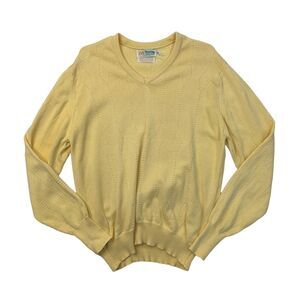 Vintage Tourney Sportswear Sweater Mens M Medium Yellow V Neck Cotton Made USA